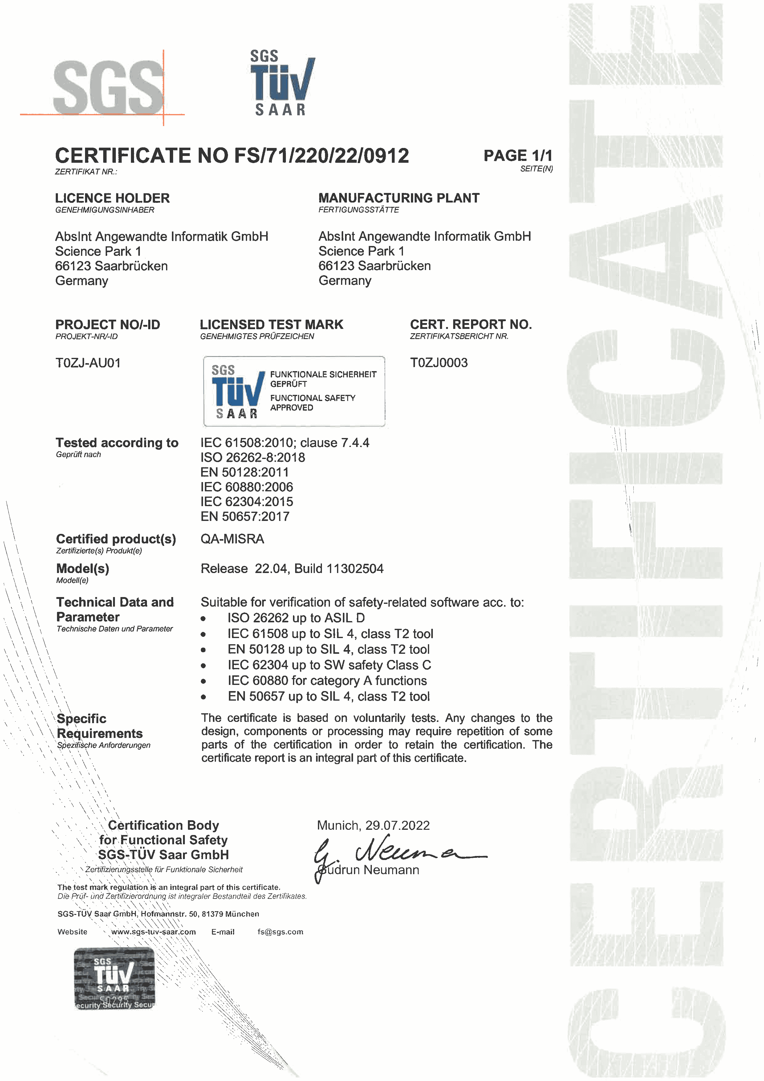 QA MISRA 22.04 SGS TUV Certificate